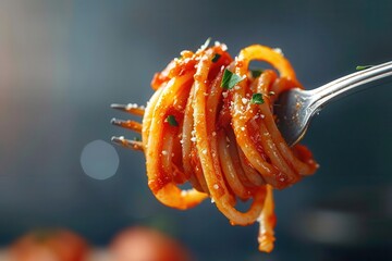 artfully twirled spaghetti on elegant fork rich tomato sauce fresh herbs extreme closeup food photography with shallow depth of field