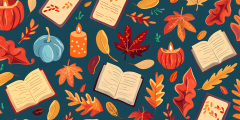 A warm and cozy autumn-themed pattern featuring illustrations of candles, books, and colorful fall leaves on a dark background. The design evokes a sense of comfort and seasonal charm