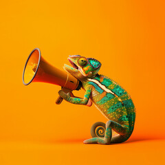Creative announcement concept. A vibrant chameleon appears to be shouting into a megaphone against a solid orange background, showcasing a playful mix of wildlife 
