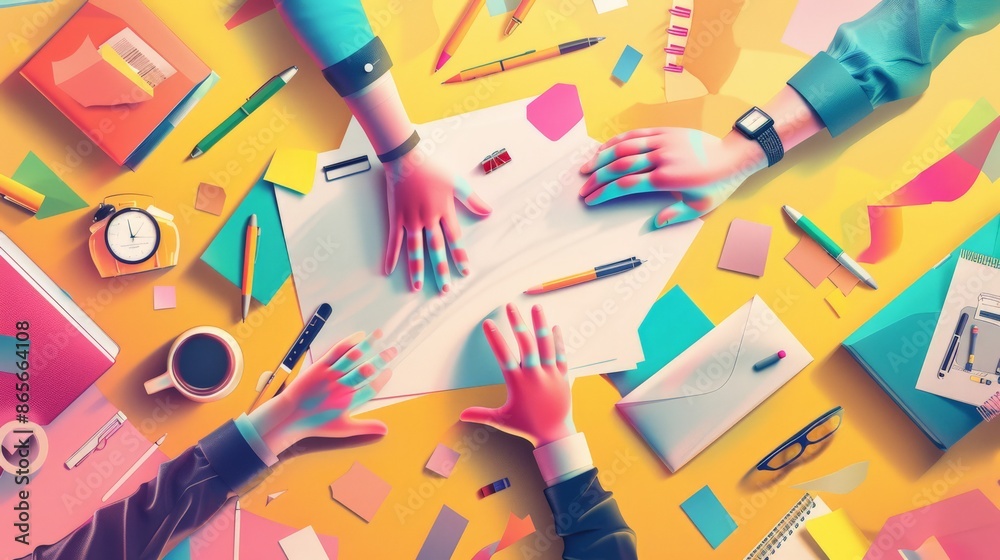 Poster collaborative business planning session with multiple hands on a desk filled with office supplies an