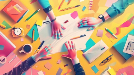 Collaborative business planning session with multiple hands on a desk filled with office supplies and documents. Great for teamwork, brainstorming, and productivity themes