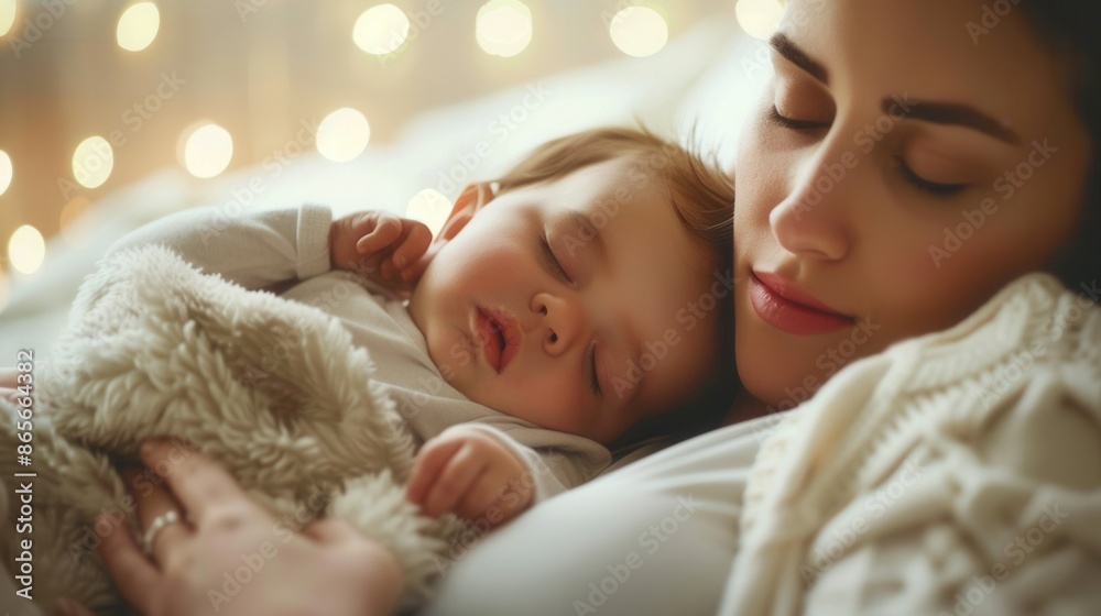 Aufkleber a mother gently cradles her sleeping baby in a peaceful bedroom setting, creating a calming and sere