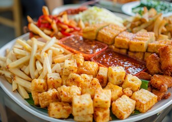 Fototapeta premium An assortment of fried snacks including French fries sambal sauce and tofu served on a plate