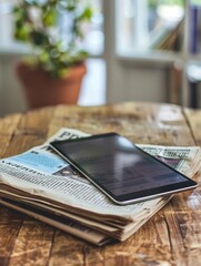 Newspaper and Digital Tablet on Wooden Table Representing Modern Lifestyle