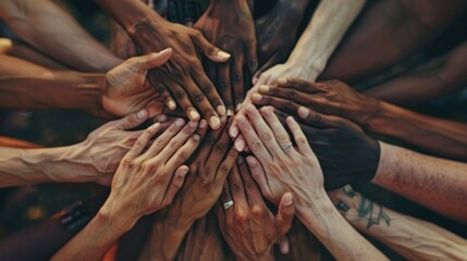 Hands from different backgrounds united on a map, representing cooperation and unity for a common goal. AIG53M