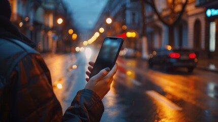 A person holds their smartphone up to protect it from the rain, with water droplets on the screen and surrounding area