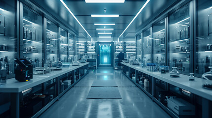 Obraz premium A futuristic lab interior at Costaposta with rows of glass cabinets and work stations on either side of the hallway.
