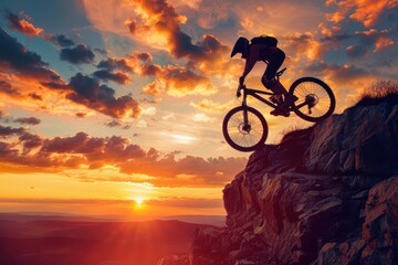 Obraz premium dynamic action shot of a female mountain biker soaring over a rugged cliff edge silhouetted against a dramatic sunset with swirling dust and motion blur emphasizing speed