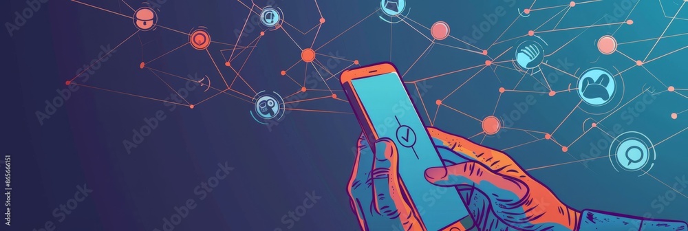 Poster Abstract networking illustration with hands using smartphone and various social media icons. Great for concepts of connectivity, communication, and digital interaction
