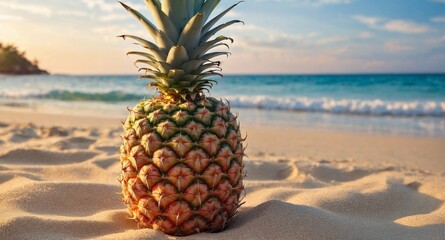 Pineapple on exotic sand beach at sunrise light, sea background.