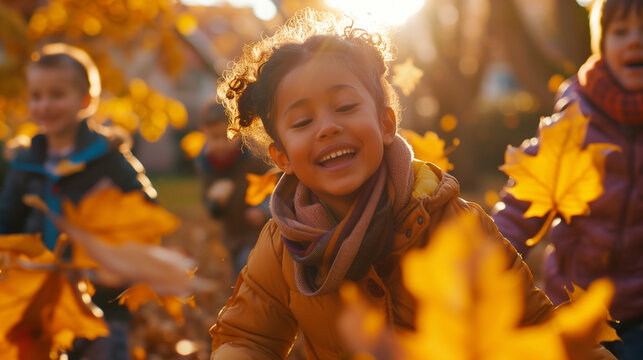 A group of elementary school-aged children play in a school playground strewn with colorful autumn leaves. The scene conveys the joy and energy of childhood as the children enjoy crisp fall whether