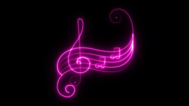 Neon music sheet. Line art. Musical symbols. Isolated on black background. Neon lines. Glowing music icons. Treble Clef. Music note. Musical notes. Music love. Melody, classical, sound design. 
