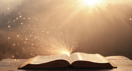 Light coming out of open book pages. Learning, education, knowledge and religion concept.