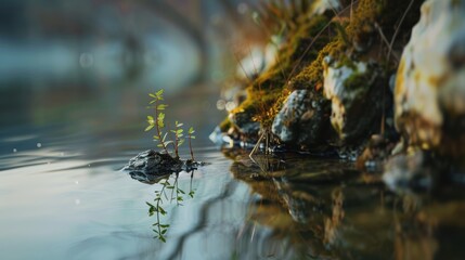 small plant growing on a mossy rock near a calm body of water