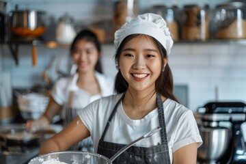 Asian woman baking with friend in stylish kitchen sifting flour