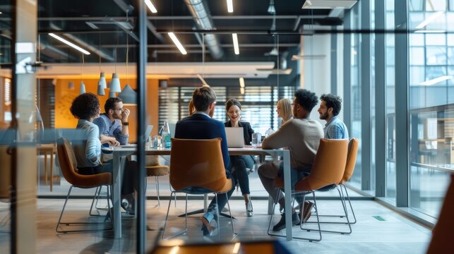 Diverse group of business professionals having a meeting in a modern office space. AIG535