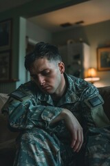 Obraz premium A person wearing camouflage clothing sits on a couch, likely in a casual or recreational setting