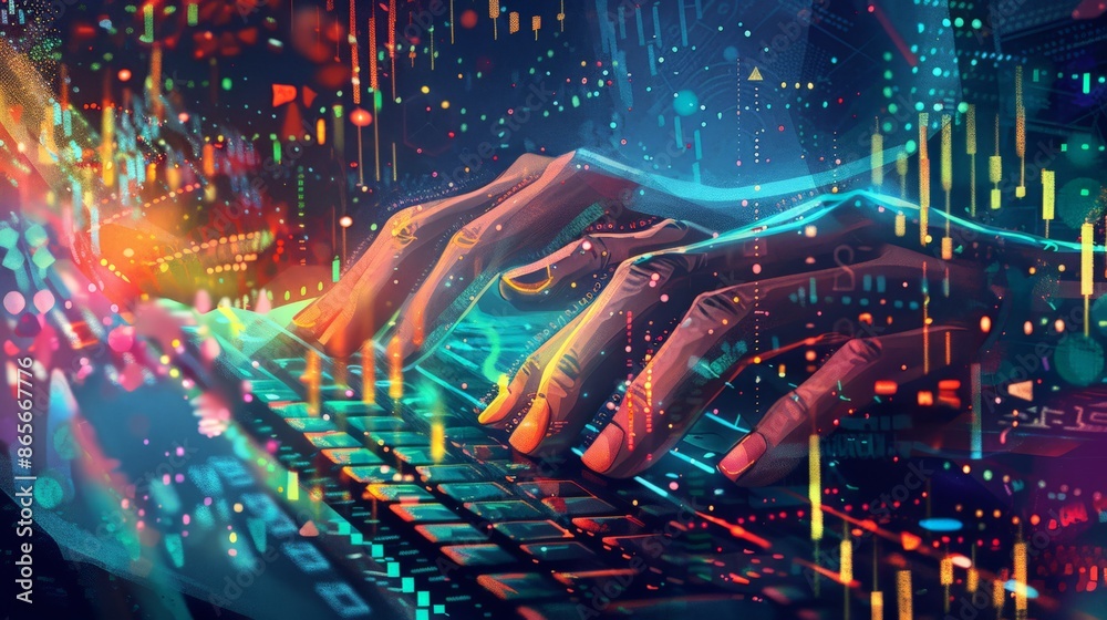 Poster hands typing on a keyboard with futuristic digital graphics overlay. ideal for technology, business,