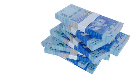 3D Moroccan Dirham isolated on white background, Paper money 200 MAD.