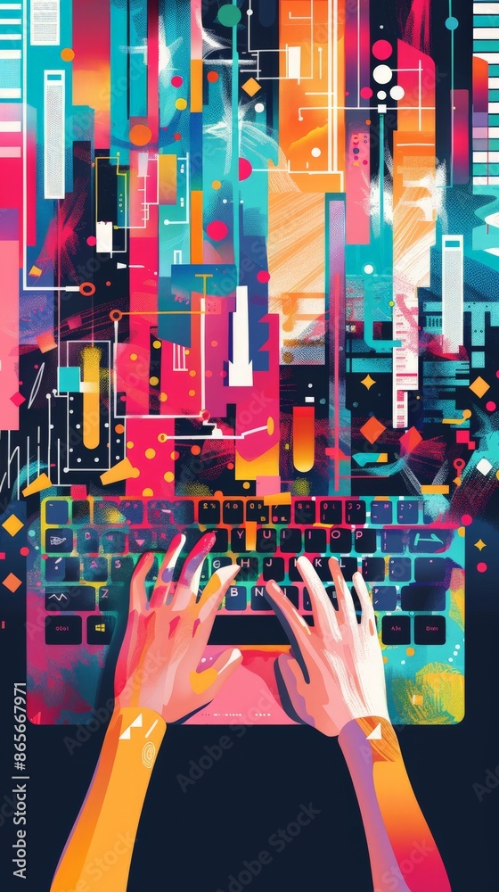 Poster hands on laptop keyboard with dynamic data visualizations. perfect for business, financial analysis,