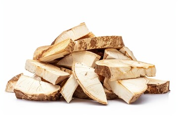 Cassava chips piled on white backdrop