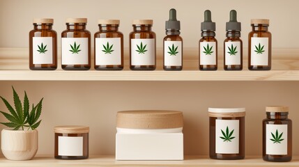 Rustic wooden shelf filled with various herbal products, featuring brown dropper bottles and white-labeled containers, each with a green cannabis leaf emblem