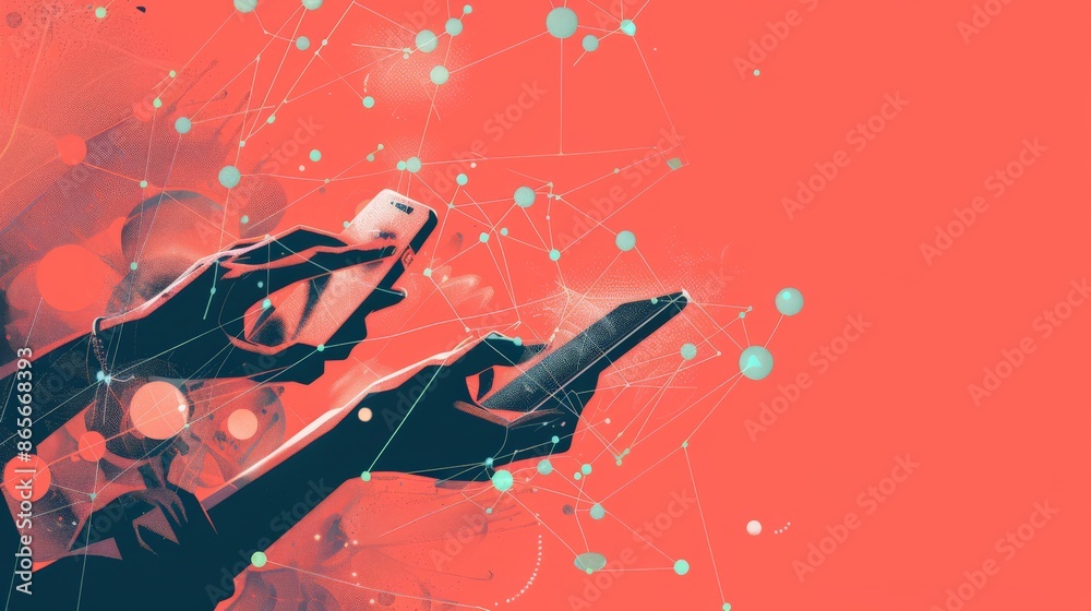 Poster Hands typing on a keyboard with interconnected network graphics. Ideal for business, technology, and data communication themes. Suitable for modern and professional environments