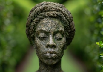 Obraz premium Serene stone sculpture in lush green garden