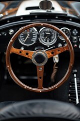 A close-up view of a car's steering wheel, suitable for use in automotive or vehicle-related contexts
