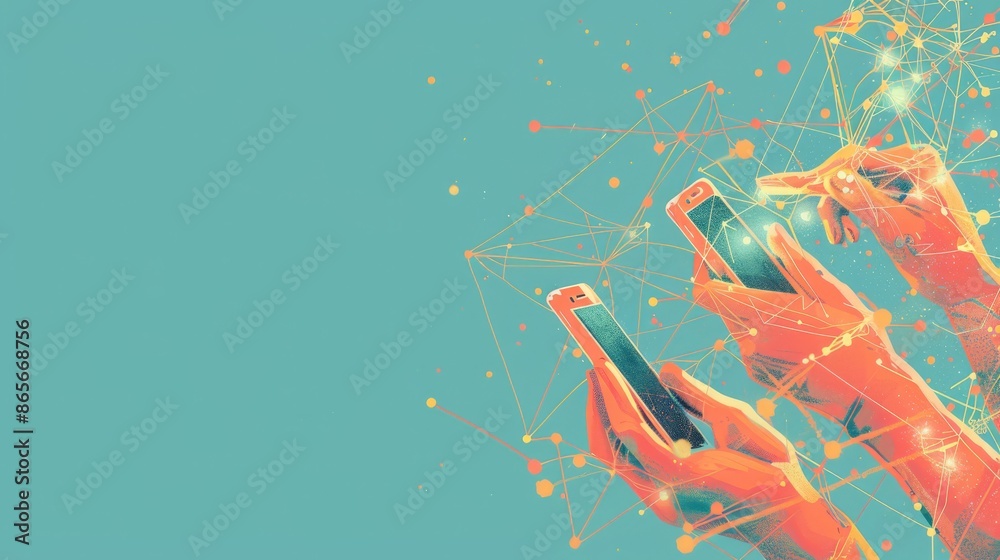 Poster hands holding smartphones with interconnected network graphics on a teal background. ideal for techn