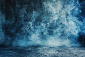 empty dark blue abstract cement wall with smoke effect studio room background