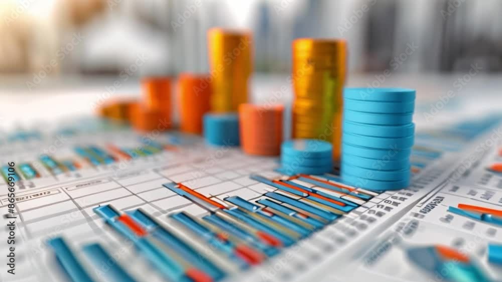 Poster this close-up of financial data represented by colorful cylinders.