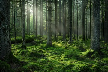 Fototapeta premium enchanting scandinavian forest with lush green moss and towering trees aigenerated landscape