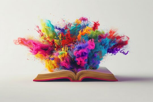 3d render of an open book with vibrant colorful brain matter exploding from its pages swirling ideas and knowledge visualized as a dynamic multicolored splash against a stark white background