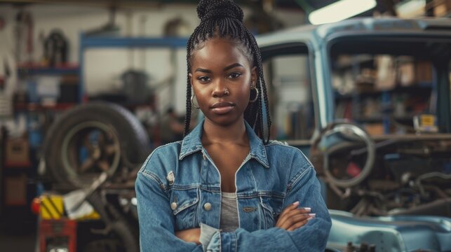 A woman stands near a car in a garage, providing an intimate setting for various uses