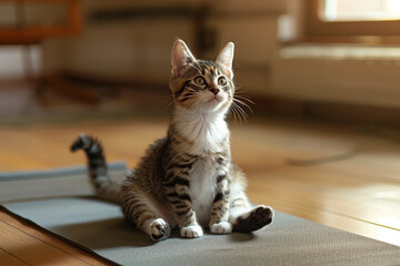 Cute kitten on yoga mat at home, closeup