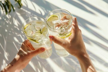 Summertime, friends raising drink glasses for a joyous toast against the sky