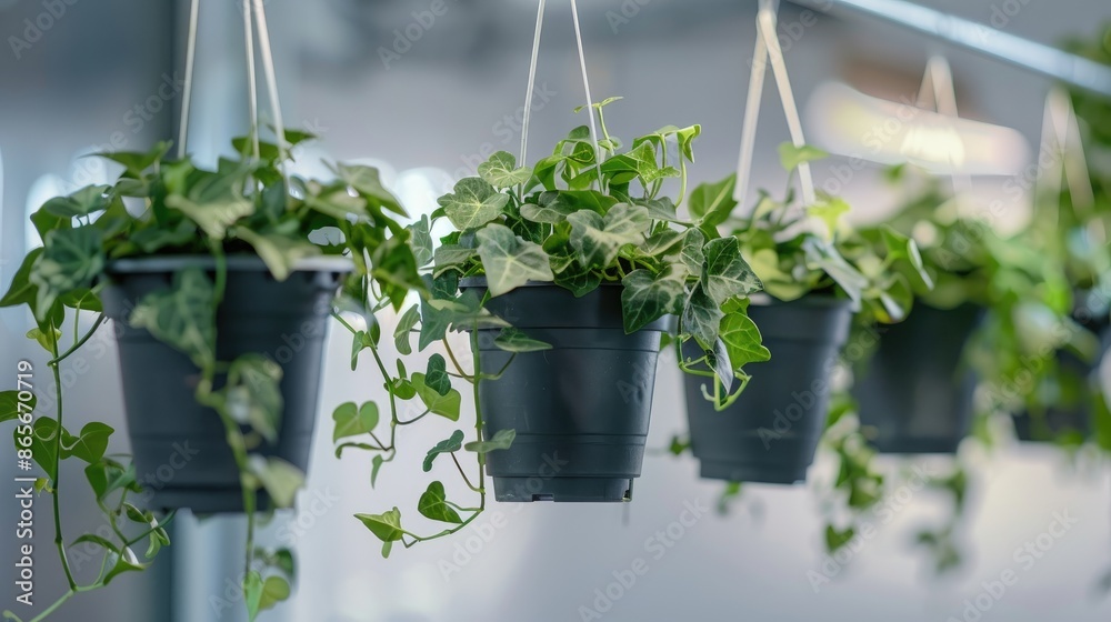 Wall mural ivy plant growing in plastic hanging pots