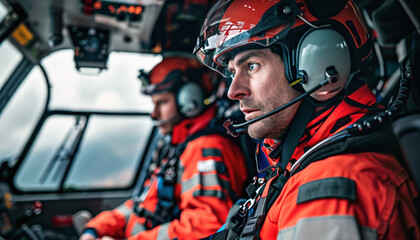 Obraz premium Paramedics or mountain rescue difficult terrain emergency team riding in a helicopter. Closeup detail to faces wearing helmets and earphones. Generative AI