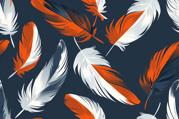 Obraz premium Colorful feathers in shades of orange, white, and black on a dark blue background, creating a seamless and dynamic pattern.