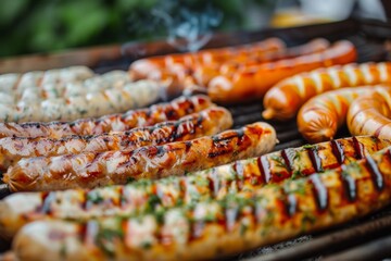 An up-close view of mouthwatering sausages cooking over the barbecue grill