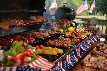 A large barbecue grill filled with a variety of food, surrounded by patriotic Labor Day decorations.