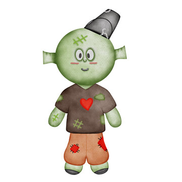 A green boy have a water bucket on the head and red heart,Halloween Watercolor Illustration