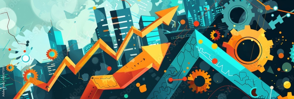 Poster abstract cityscape with gears and upward arrow representing business growth and financial success. i