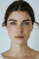 Fototapeta premium Lovely young woman's face with clear, fresh skin, isolated on white. A picture of natural beauty. Flawless, young pure skin.