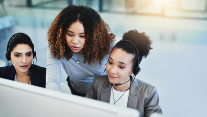 Call center, mentor and help desk with business people, telemarketing and conversation for...