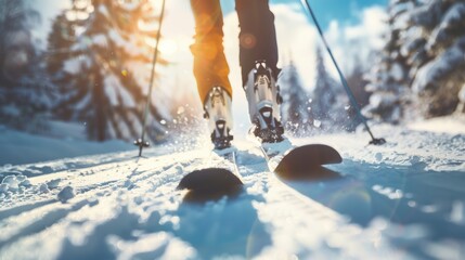 Go skiing on First Tracks. An alpine skier descends a groomed ski route slope piste in the morning on Fresh Tracks.