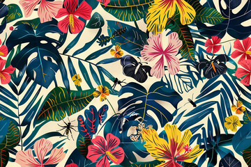 A seamless tropical pattern with large leaves and exotic flowers in vibrant colors on a dark background, perfect for summer themes.