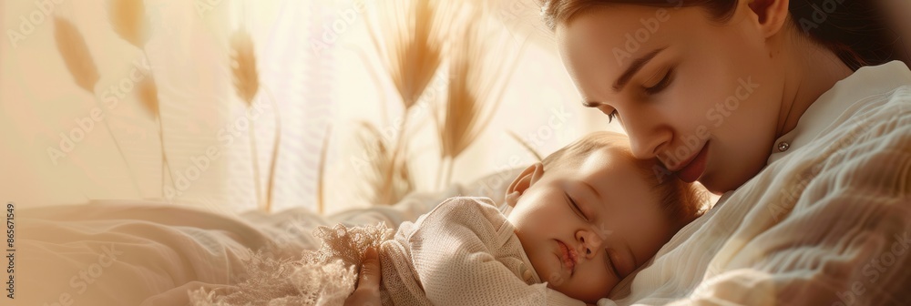 Poster a mother lovingly watches over her sleeping baby, creating a calming and serene atmosphere. generati