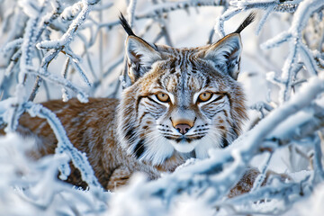 Obraz premium Deep within boreal forest of Canada elusive lynx prowl through snowcovered undergrowth tufted ear twitching slightest sound Using macrophotography intricate pattern of fur piercing gaze of amber eye